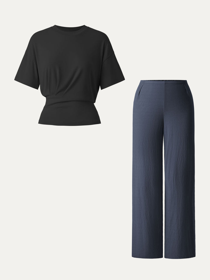 2Pcs Set Sandwashed Crewneck Tee & Cotton-linen Mid Rise Straight Leg Pant Black/Smoky Navy XS