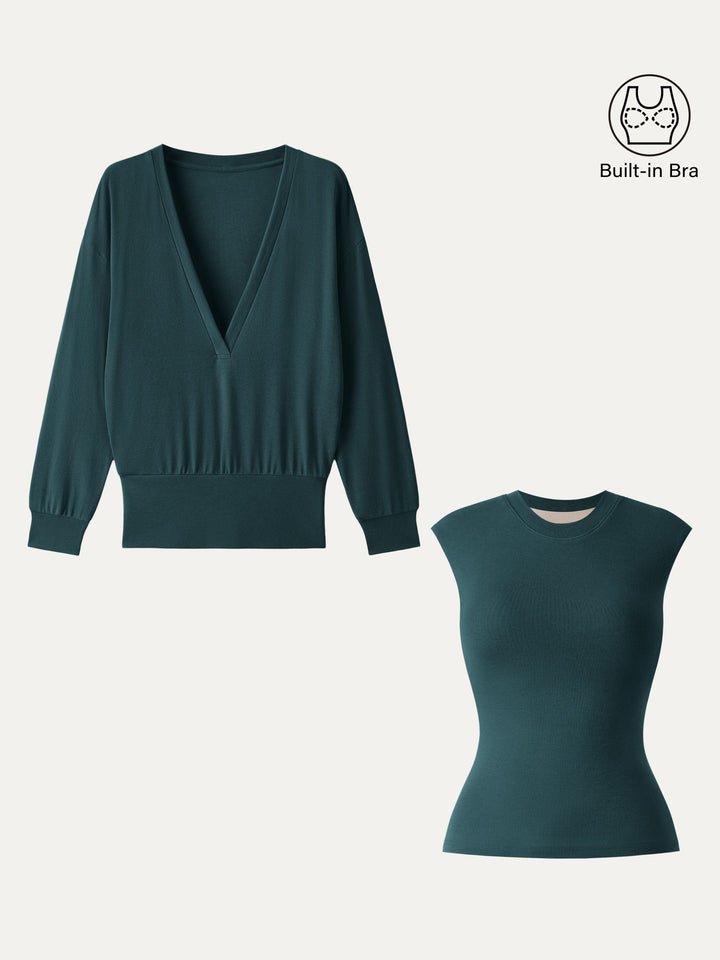 2Pcs Set Lyocell Cashmere V-neck Drop Shoulder Top & Crew Neck Wide Shoulder Brami Calactic Stream XS