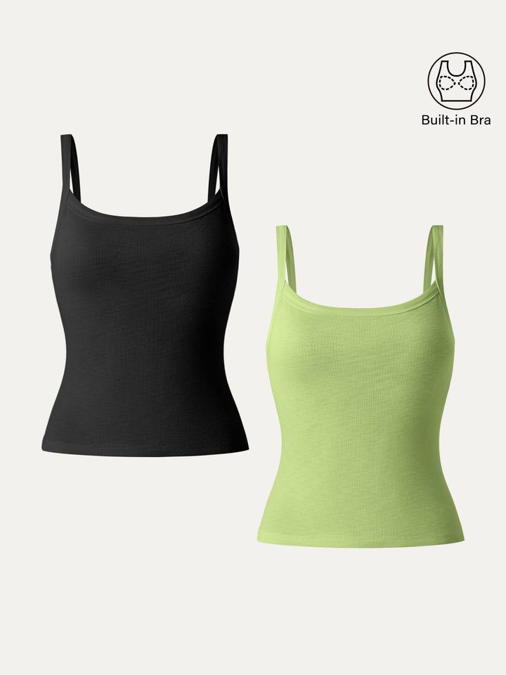 2Pcs Set Everyday Cotton Low Back New Airy Brami Tank Black/Peridot XS
