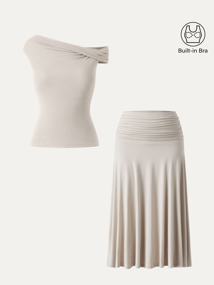 2Pcs Set Multi-wear Necklines Brami Top & Flowy Side Ruched A-line Midi Skirt Fog XS