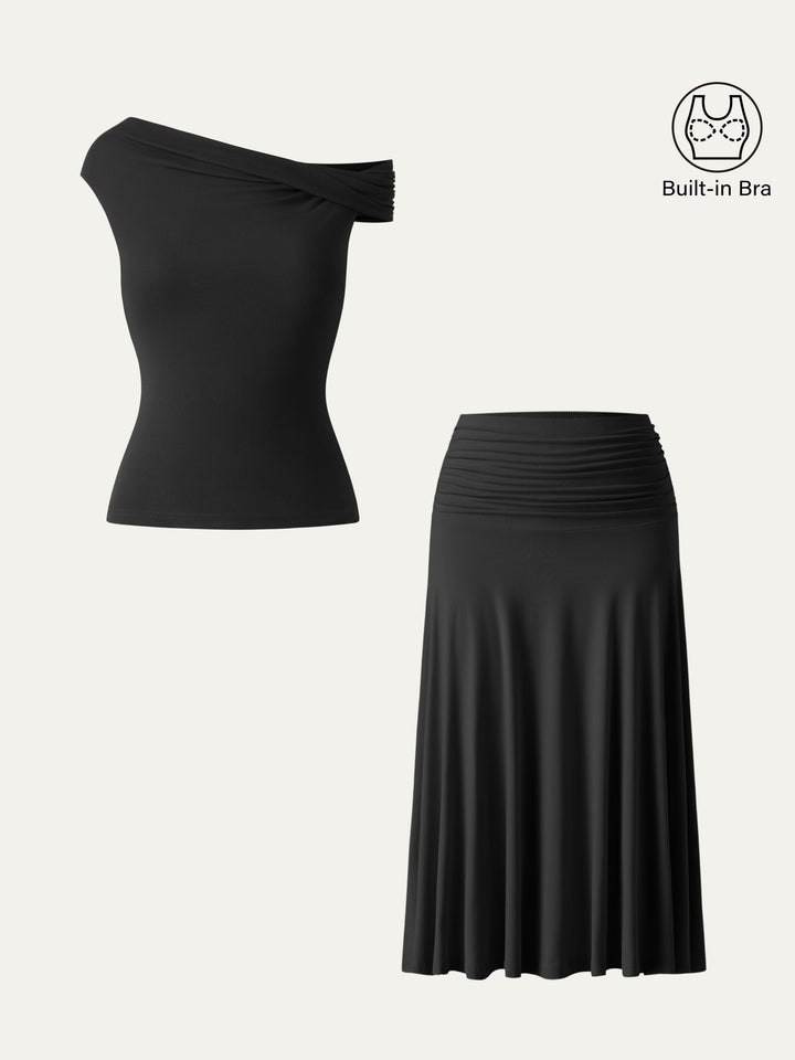 2Pcs Set Multi-wear Necklines Brami Top & Flowy Side Ruched A-line Midi Skirt Black XS