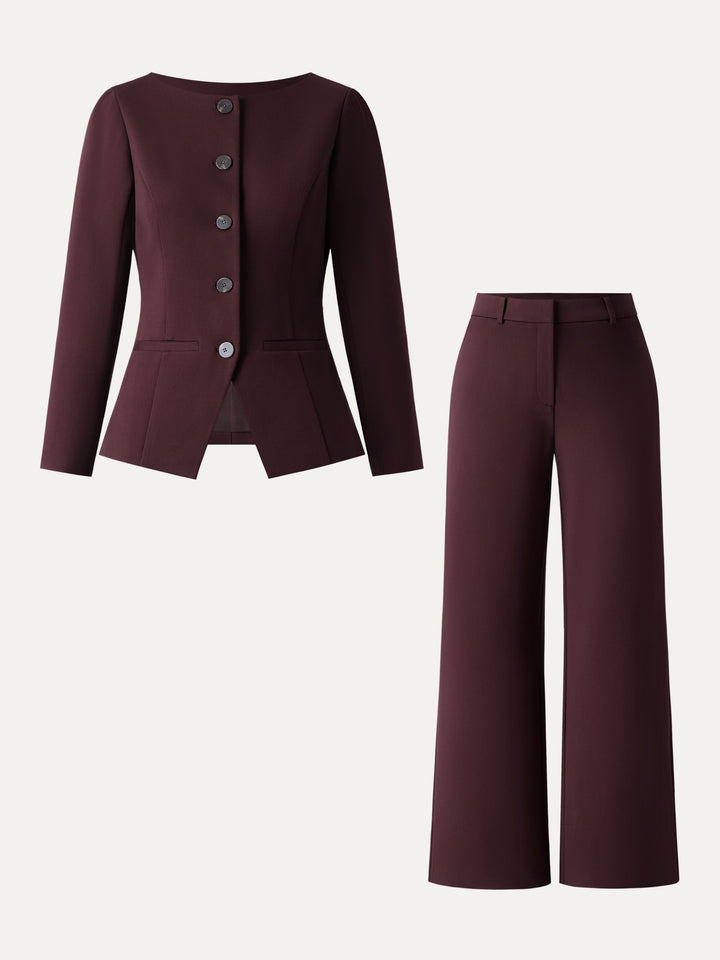 2Pcs Set Boatneck Blazer & High Rise Wide Leg Trousers with Zippered Pockets Dark Berry XS