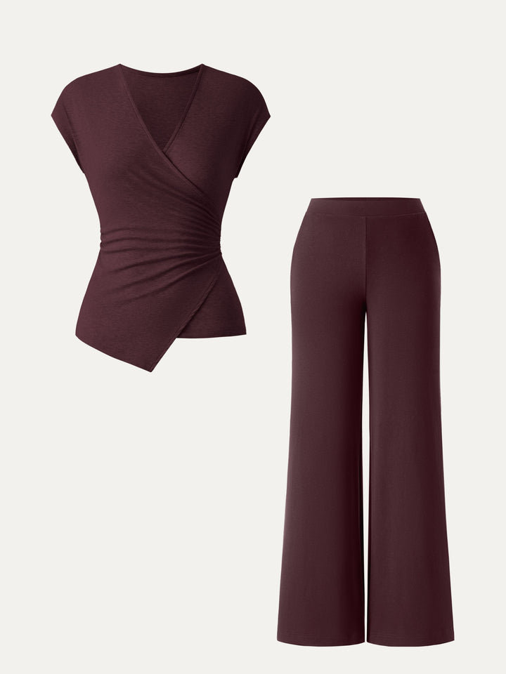 2Pcs Set Lyocell Wool Surplice Cap Sleeve Top & Mid Rise Wide Leg Pants with Pockets Ruby Berry XS