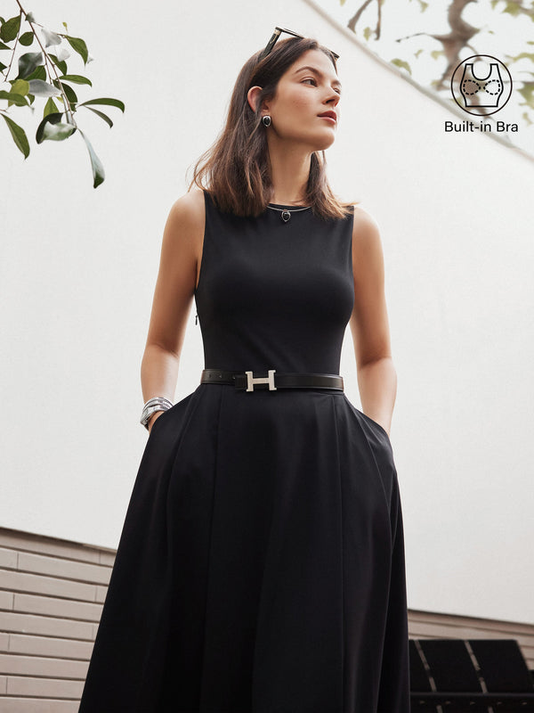OGLmove Boatneck Bamboo Ponte Bra Midi Dress with Pockets