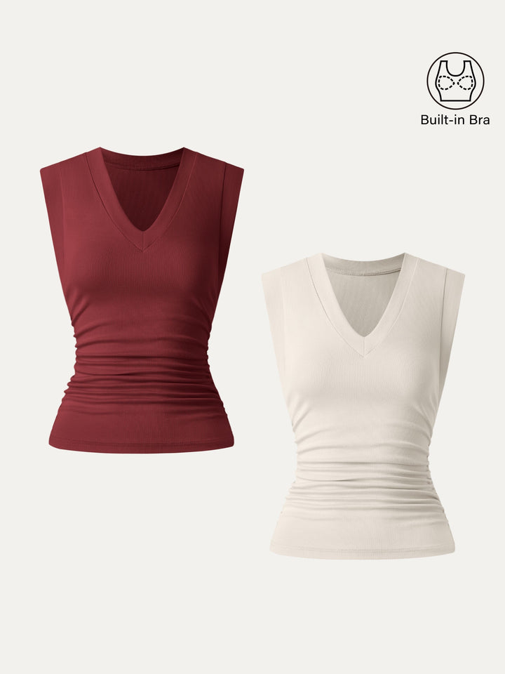 2Pcs Set Brami Stretch Cotton V-neck Side Ruched Muscle Top Retro Red/Gardenia XS