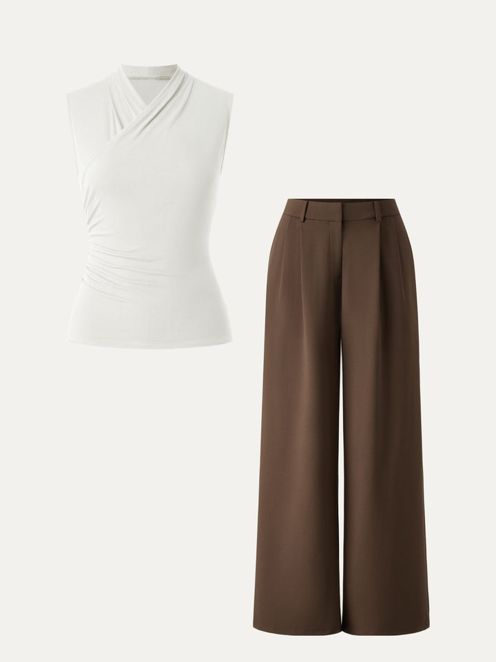 2Pcs Set Surplice Tank & Wide Leg Pant with Pockets Pure White/Pecan XS