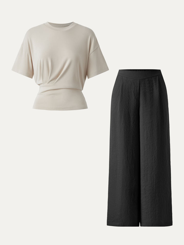 2Pcs Set Sandwashed Crewneck Short Sleeve Tee & Linen Mid Rise Wide Leg Pant with Pockets Black/Morning Mist XS