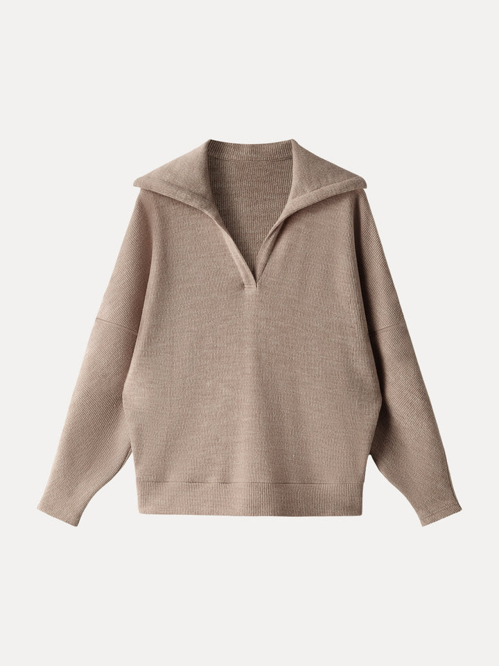 Cozy Collared V-Neck Batwing Sleeve Pullover Heather Taupe XS