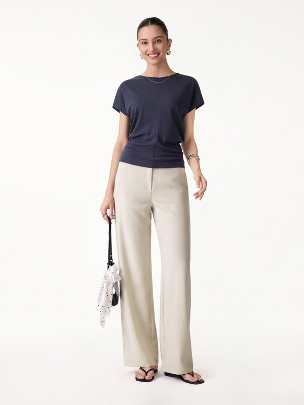 OGLmove 2Pcs Set Round Neck Relaxed Top & Mid Rise Fly-Front Wide Leg Trousers Smoky Navy/Morning Mist XS