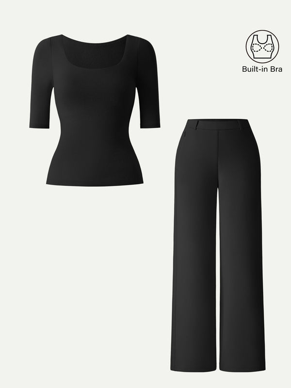 2Pcs Set Square Neck Elbow Length Sleeve Brami & High Rise Wide Leg Pants Black XS