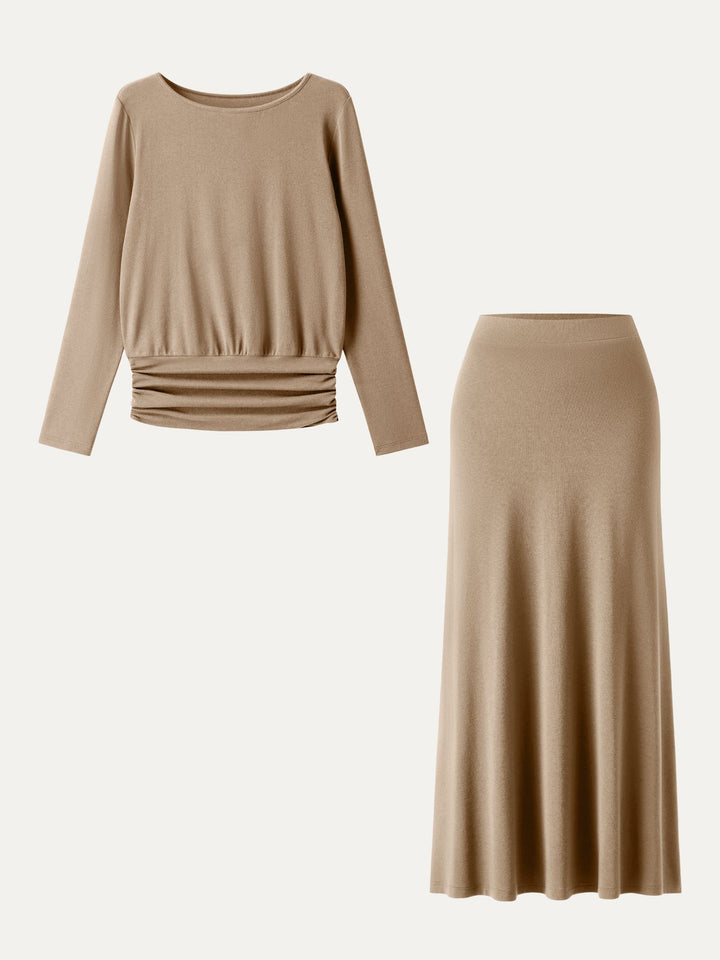 2Pcs Set Light Warm Round Neck Side Ruched Top & Pull-on Circle Flared Maxi Skirt Nude XS