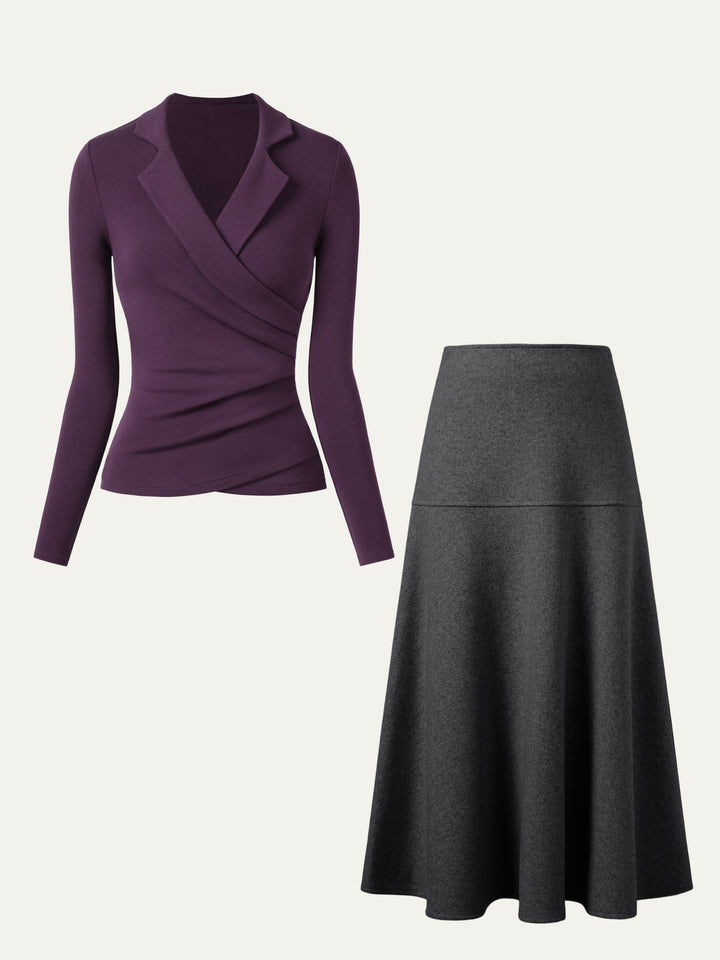 2Pcs Set Collared Surplice Top & Flared Maxi Skirt
