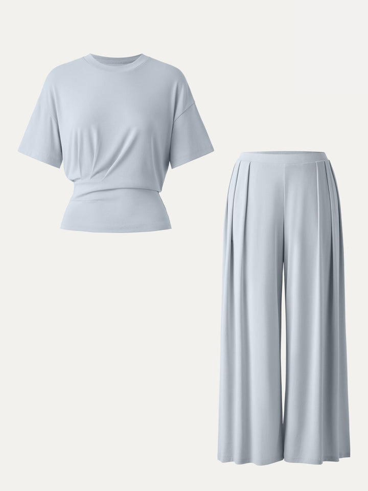 2Pcs Set Sandwashed Crewneck Tee & Mid Rise Pleated Wide Leg Pants with Pockets Smoke Blue XS