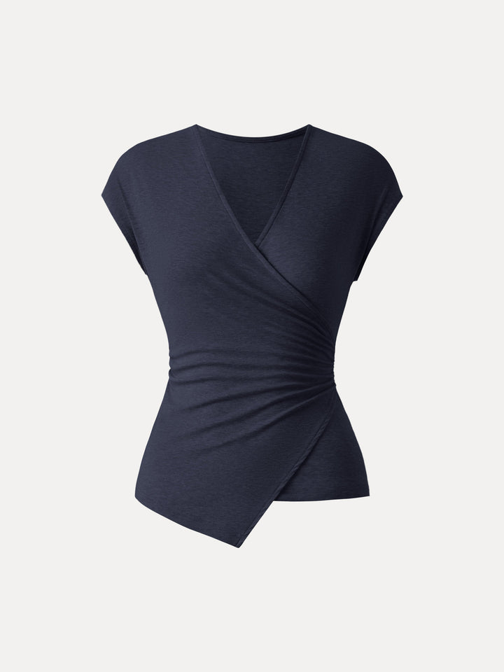 Lyocell Wool Surplice Cap Sleeve Asymmetrical Top Smoky Navy XS