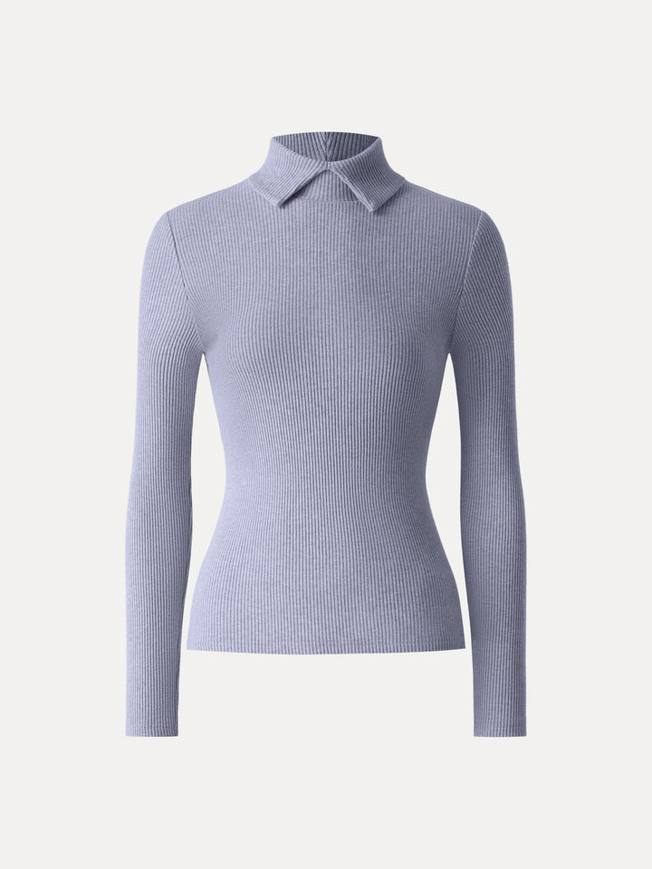 Ribbed Stand Collar Long Sleeve Top