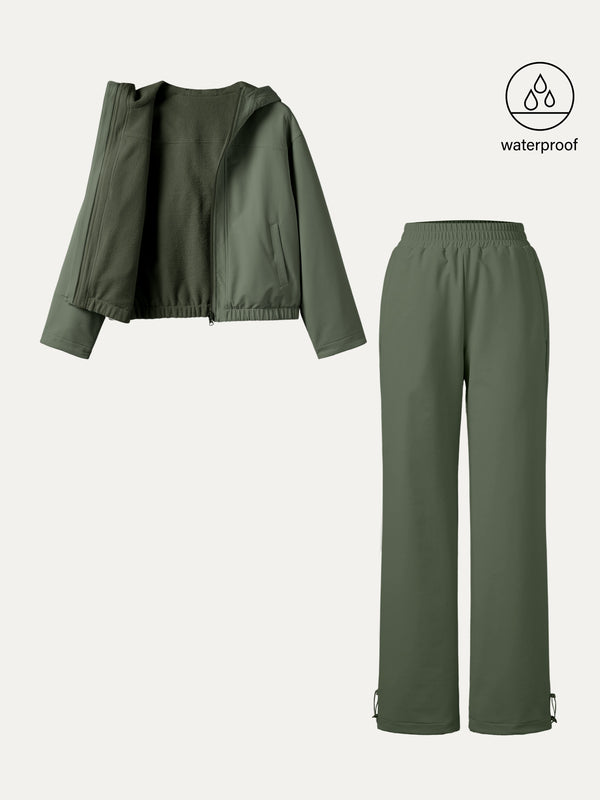 OGLmove 2Pcs Set Fleece Reversable Hooded Jacket & Fleece-Lined Elastic Waist Pants Dry Sage XXS