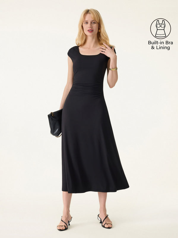 SkinKiss Cooling Square Neck Ruched Midi Bra Dress Black XS