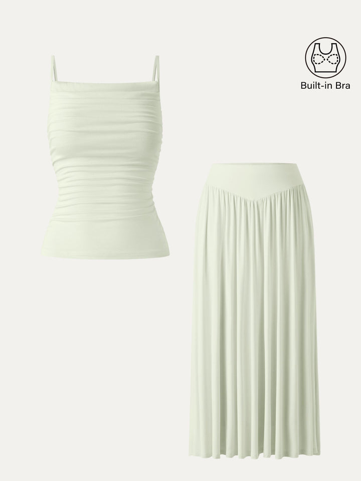 2Pcs Set Adjustable Spaghetti Straps Brami & V-shape Maxi Skirt with Pockets
