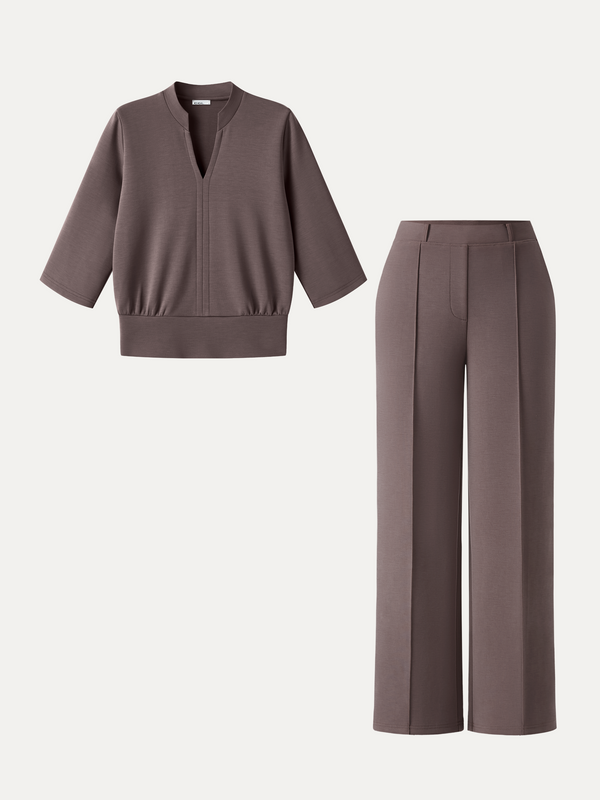 OGLmove 2Pcs Set V-Neck Elbow Sleeve Top & Mid Rise Straight Leg Pants with Pockets