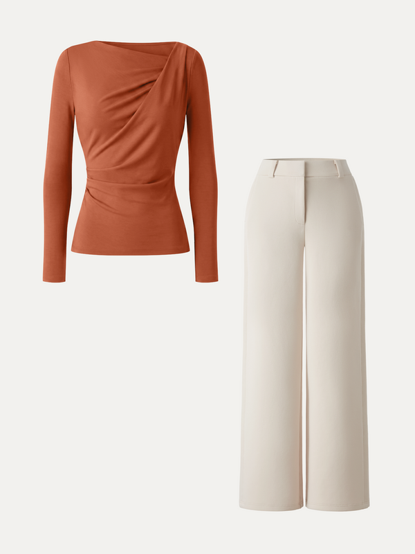 OGLmove 2Pcs Set LiteWarm Asymmetrical Neck Long Sleeve Top & Mid Rise Wide Leg Trouser