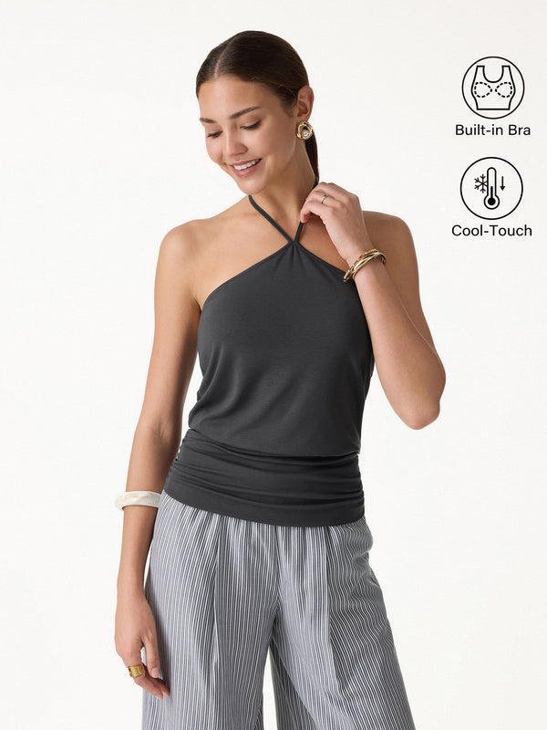 OGLmove Halter Ruched Hem Bra Top Blue Charcoal XS