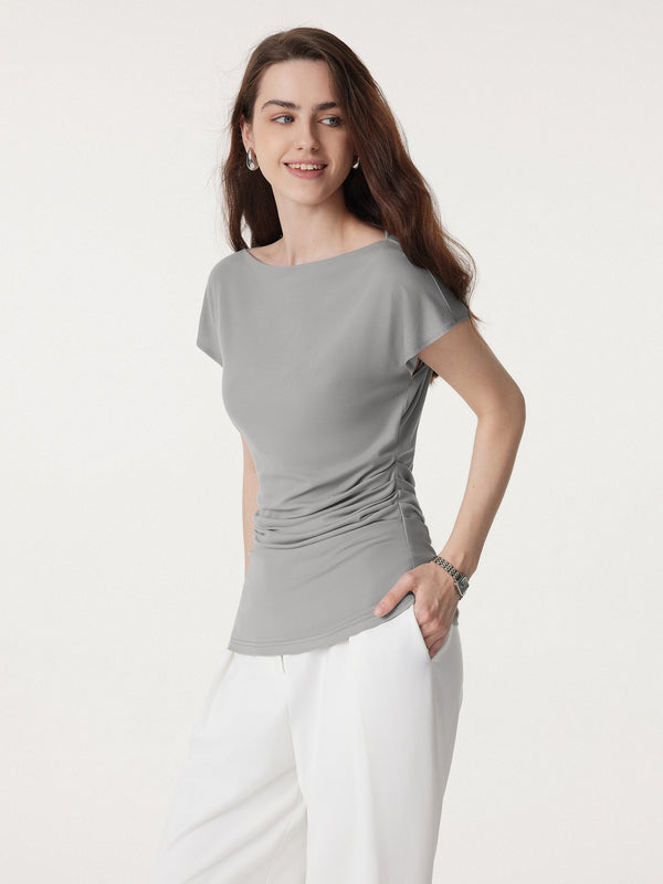 2Pcs Set Boatneck Flutter Sleeve Long Tee & Non-sheer Mid Rise Trouser with Pockets