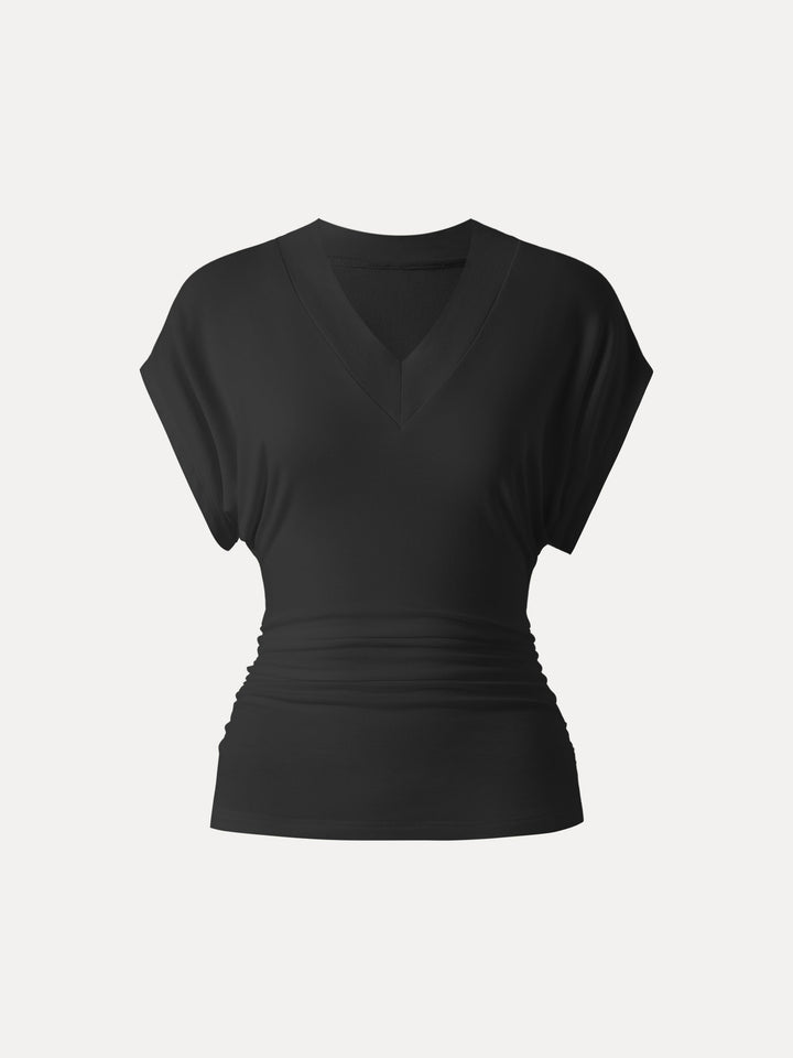 Lyocell Cashmere Blend V-neck Short Sleeve Side Ruched Tee Black XS