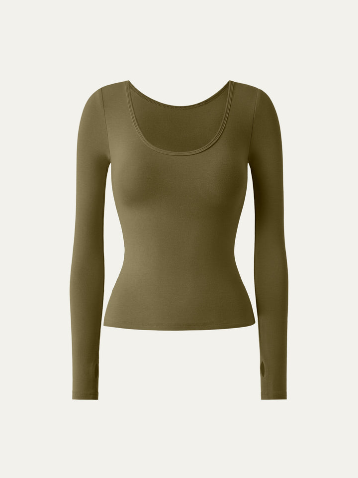 Essential Lyocell Cashmere Multi-Wear Long Sleeve Top with Thumbholes Brass Olive XS