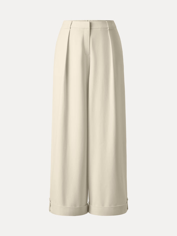 Bamboo Ponte Mid Rise Wide Leg Trouser with Fold-up Hem Beige XS