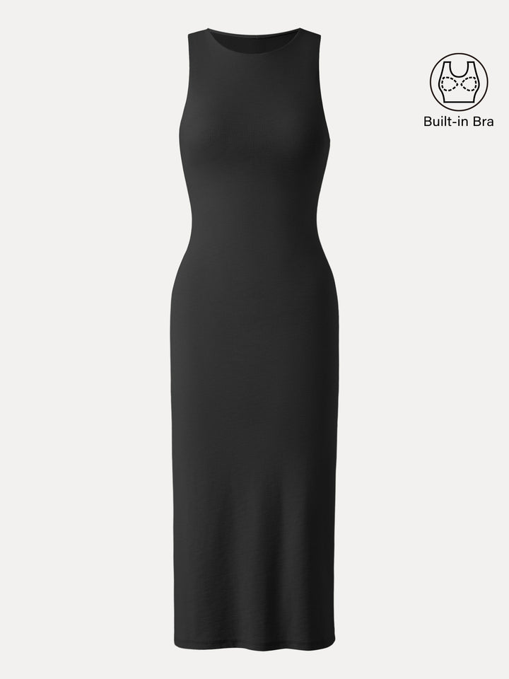 Stretch Cotton Crewneck Midi Brami Dress with Back Slit Black XS