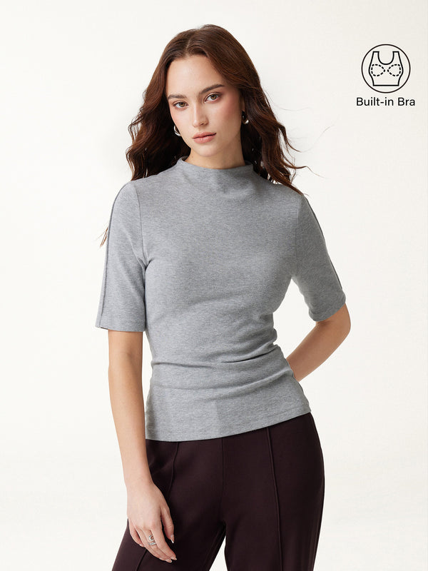 OGLmove LiteWarm Mock Neck Elbow Sleeve Pintuck Built-In Bra Top