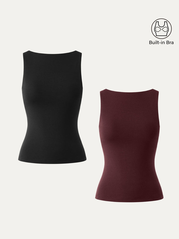 2Pcs Set Stretch Cotton Boatneck Brami Tank Black/Ruby Red XS
