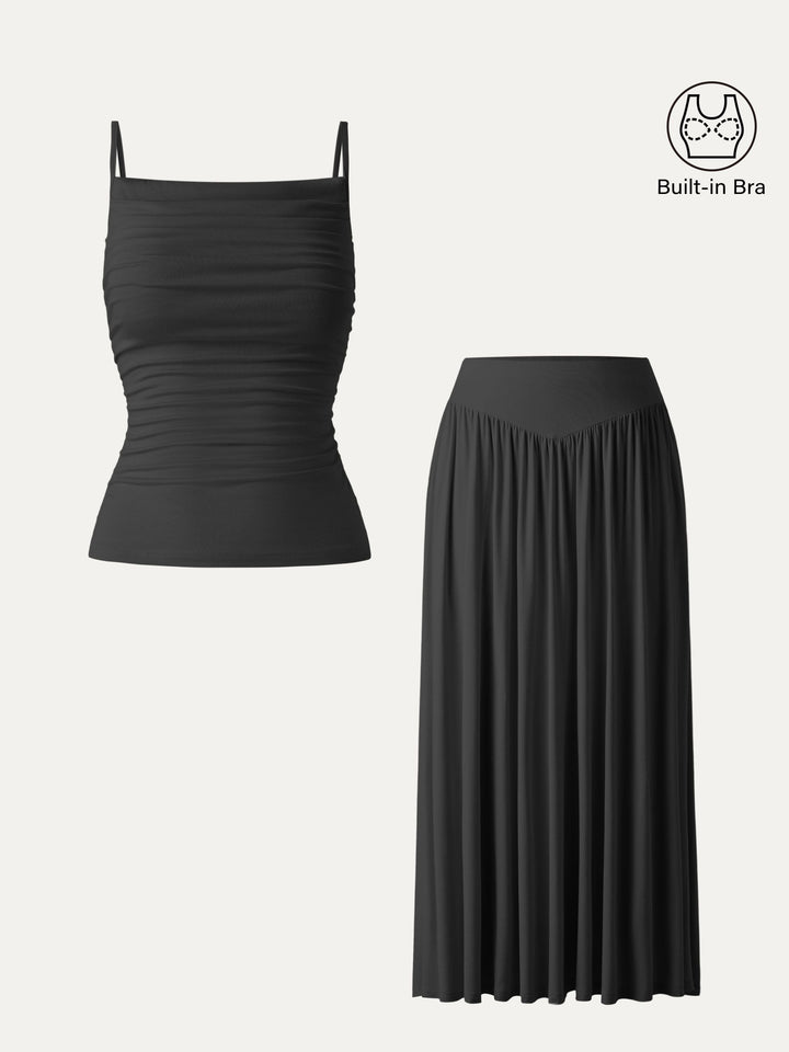 2Pcs Set Adjustable Spaghetti Straps Brami & V-shape Maxi Skirt with Pockets Black XS