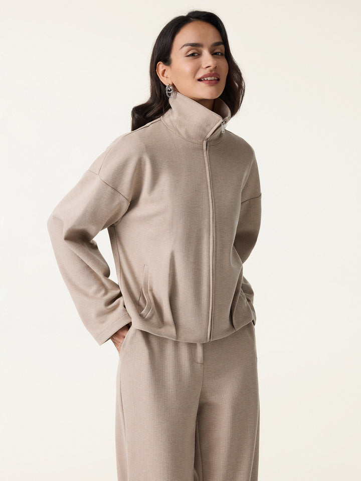 Herringbone Textured Full Zip Jacket Cereal XS