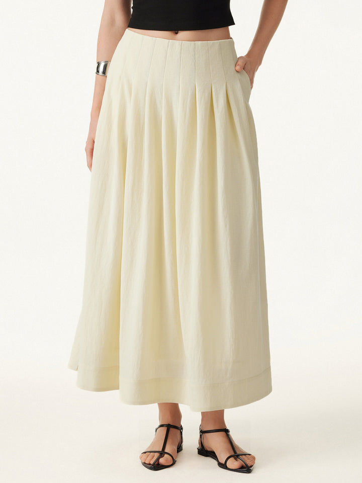 Wrinkle-free Cotton-linen Mid Rise Pleated Midi Skirt