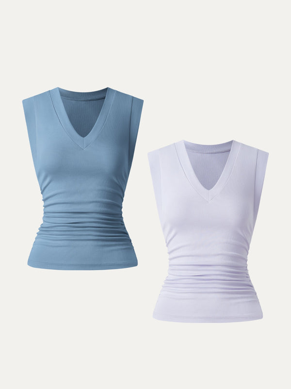 2Pcs Set Stretch Cotton V-neck Side Ruched Muscle Tee Dusk Blue/Powder Lilac XS