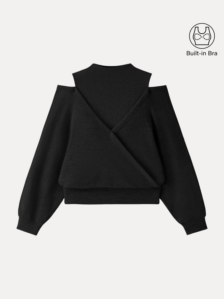 Cozy Mockneck Cutout Shoulder Surplice Brami Black XS