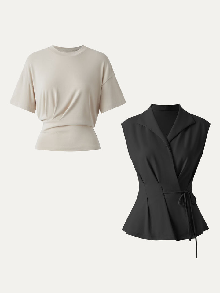 2Pcs Set Flap Collar Surplice Top with Drawstring Tie & Crewneck Tucked Tee Black/Morning Mist XS