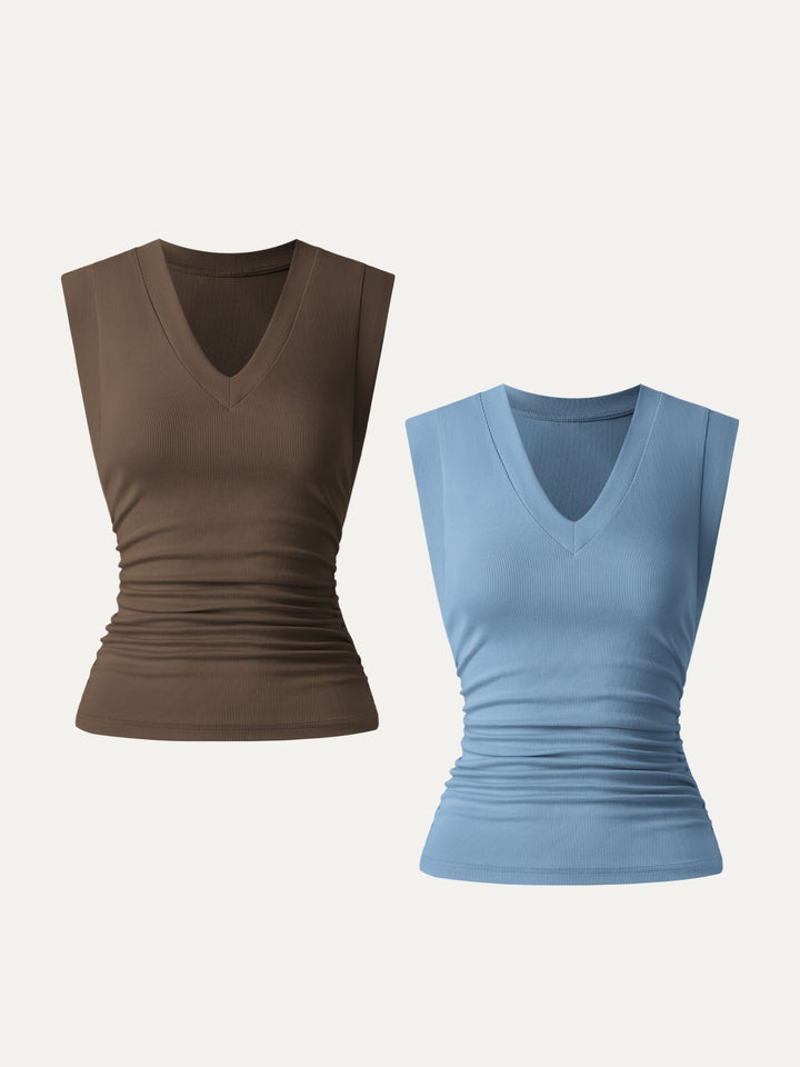 2Pcs Set Stretch Cotton V-neck Side Ruched Muscle Tee Dusk Blue/Chestnut XS