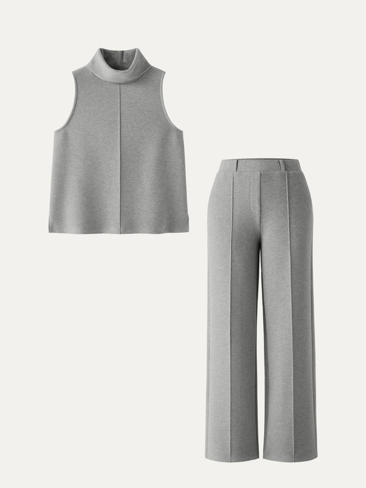 2Pcs Set Petite High Waisted Straight Leg Pant & Split Hem Top Heather Grey XS
