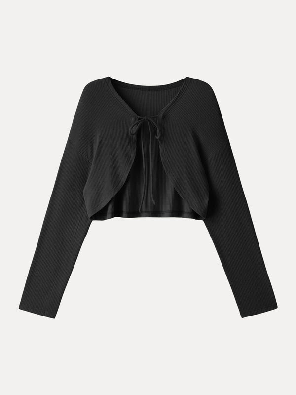 Textured Summer Cropped Cardigan with Tie Black XS