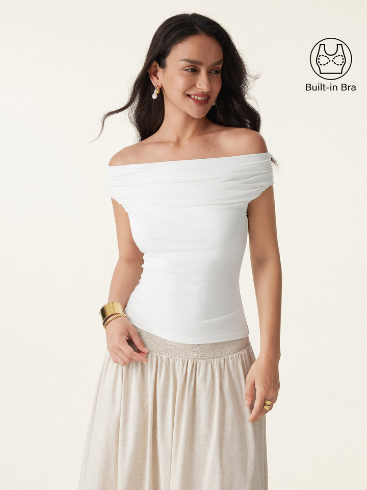 Ruched Off-shoulder New Airy Brami Top Pure White XS