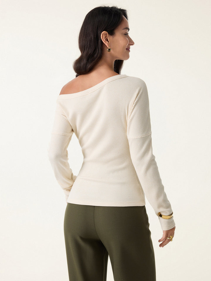 Ribbed Asymmetrical Neckline Long Sleeve Top