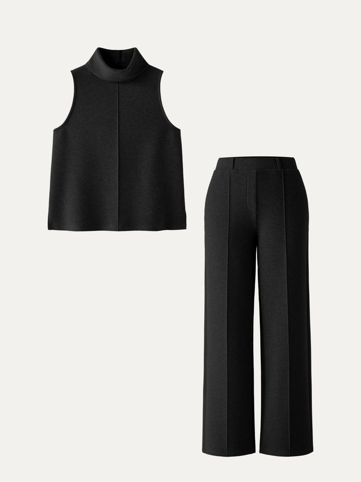 2Pcs Set Petite High Waisted Straight Leg Pant & Split Hem Top