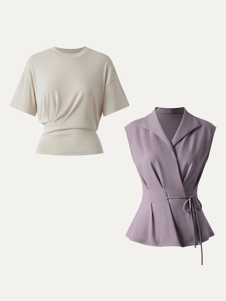 2Pcs Set Flap Collar Surplice Top with Drawstring Tie & Crewneck Tucked Tee Morning Mist/Taro Purple XS