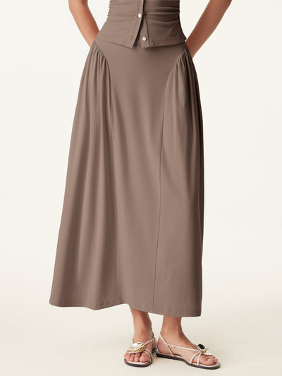 Curved Gathering Flared Midi Skirt with Pockets Iced Mocha XS