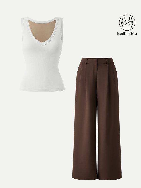 OGLmove2Pcs Set V-neck Bra Tank & Wide Leg Pant with Pockets White/Hickory Brown XS