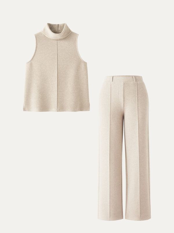 2Pcs Set Petite High Waisted Straight Leg Pant & Split Hem Top Heather Beige XS