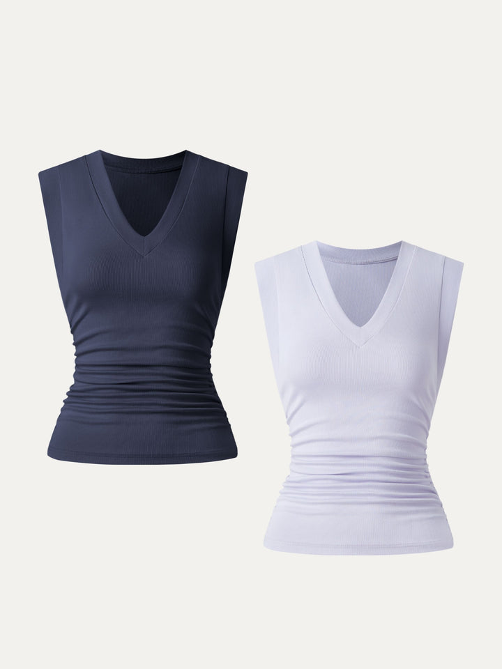 2Pcs Set Stretch Cotton V-neck Side Ruched Muscle Tee Navy/Powder Lilac XS