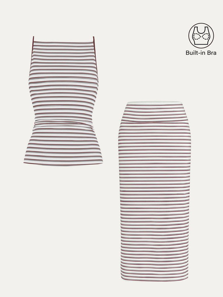 2Pcs Set Striped Spaghetti Brami & Low Rise Striped Midi Skirt White/Marron Stripe XS